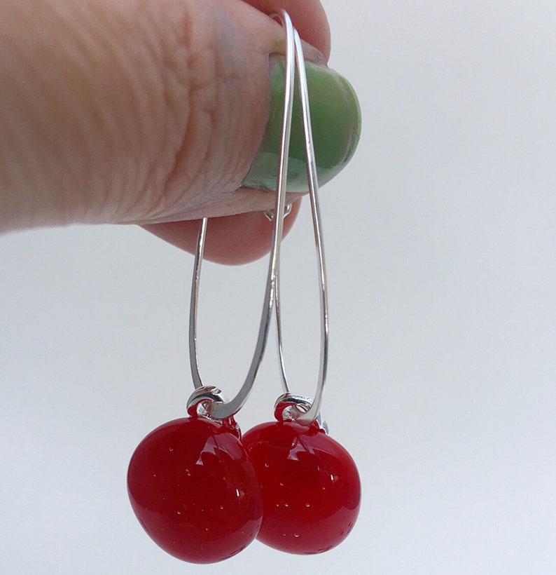 Red Fused Glass Sterling Silver Super Oval Earrings image 3