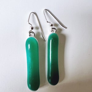 Emerald Green Fused Glass Extra Long Dangle Earrings image 2