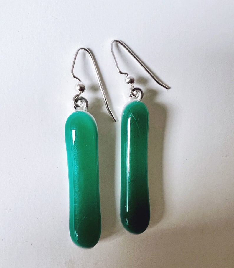 Emerald Green Fused Glass Extra Long Dangle Earrings image 2