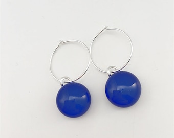 Blue Fused Glass Hoop Earrings