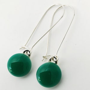 Emerald Green Fused Glass Sterling Silver Danglies Earrings image 1