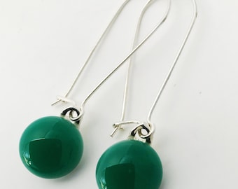 Emerald Green Fused Glass Sterling Silver Danglies Earrings