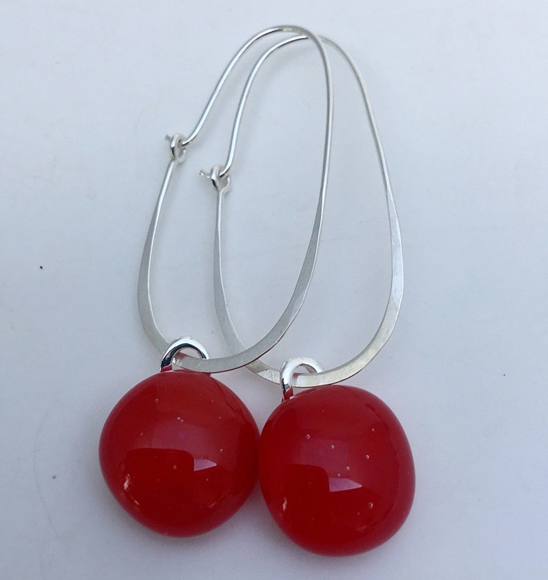 Red Fused Glass Sterling Silver Super Oval Earrings image 1