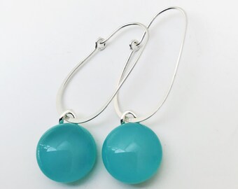 Turquoise Fused Glass Sterling Silver Super Oval Earrings