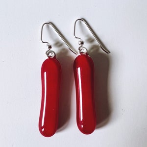 Red Fused Glass Extra Long Dangle Earrings image 1