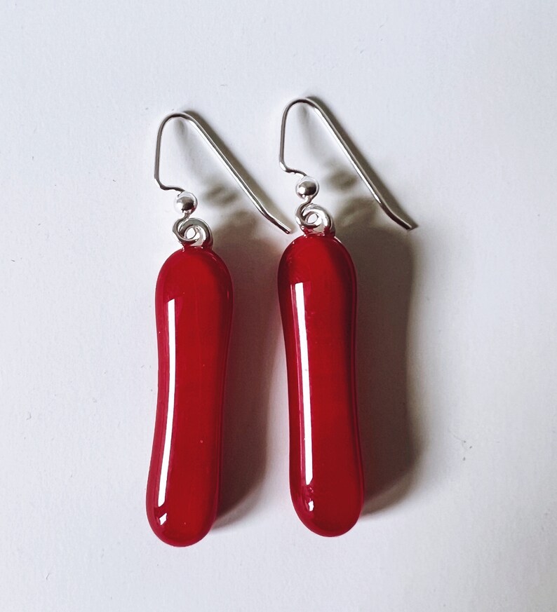 Red Fused Glass Extra Long Dangle Earrings image 1