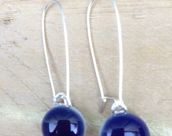 Navy Blue Fused Glass Sterling Silver Danglies Earrings