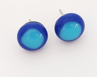 Blue and Aqua Two Tone Fused Glass Stud Earrings