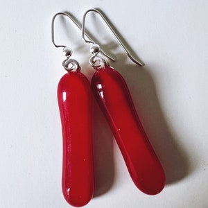 Red Fused Glass Extra Long Dangle Earrings image 2