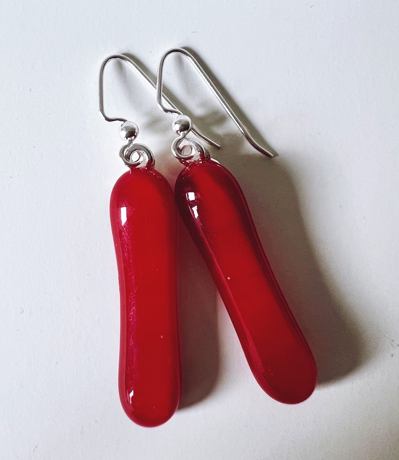 Red Fused Glass Extra Long Dangle Earrings image 2