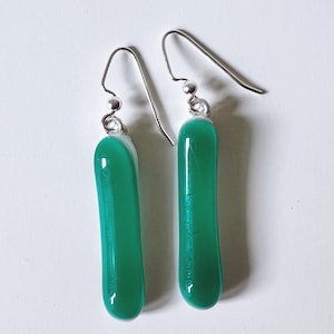 Emerald Green Fused Glass Extra Long Dangle Earrings image 1