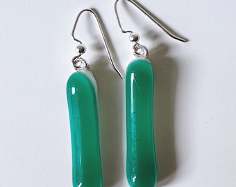 Emerald Green Fused Glass Extra Long Dangle Earrings