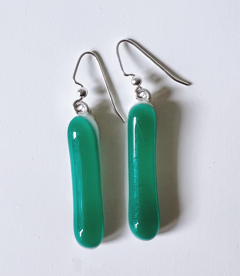 Emerald Green Fused Glass Extra Long Dangle Earrings image 1