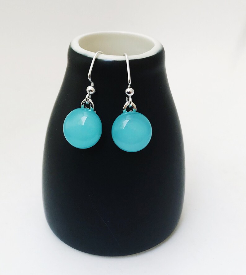 Turquoise Fused Glass Short Dangle Earrings image 2