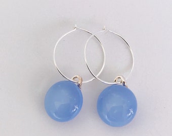 Hydrangea Blue Fused Glass Hoop Earrings