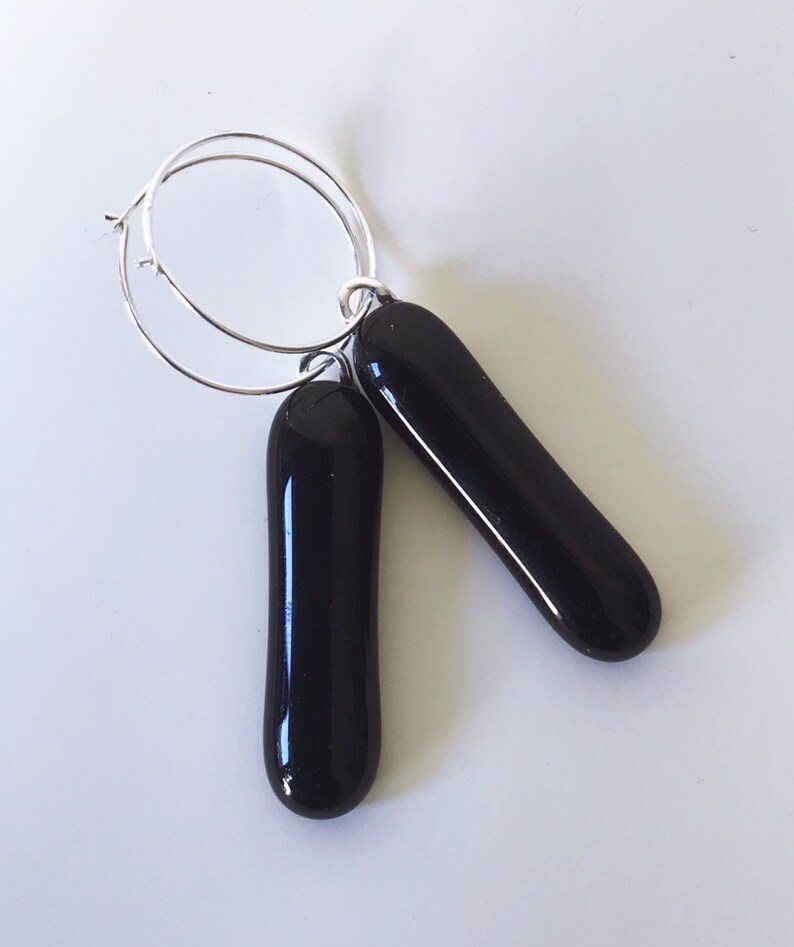 Black Fused Glass Extra Long Dangle Earrings image 2