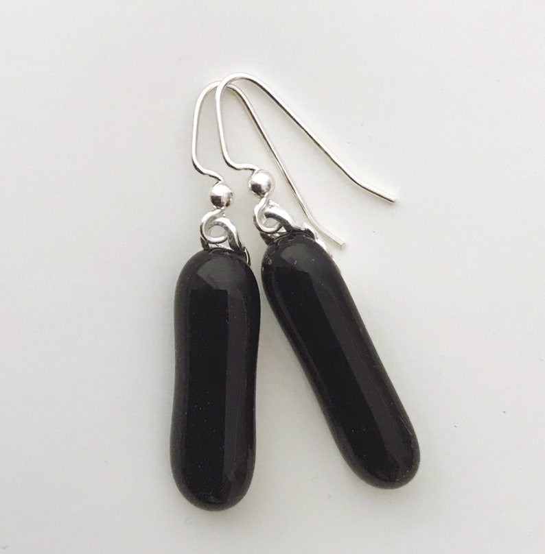 Black Fused Glass Extra Long Dangle Earrings image 2