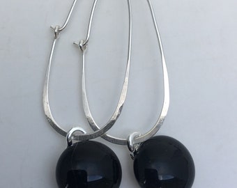 Black Fused Glass Sterling Silver Super Oval Earrings