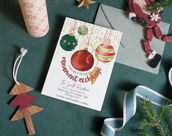 Plantilla de invitación para fiesta de intercambio de adornos navideños, plantilla de invitación para fiesta de intercambio de adornos navideños