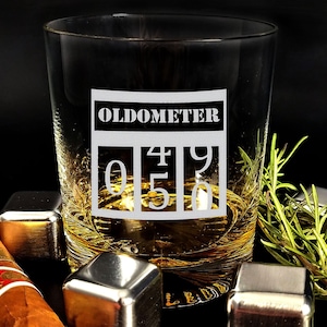 Benutzerdefinierte Alter 40 50 60 Geburtstag Oldometer Whisky Glas Perfektes Geburtstagsgeschenk für Whisky-Liebhaber, personalisiertes Glasgeschenk für Männer