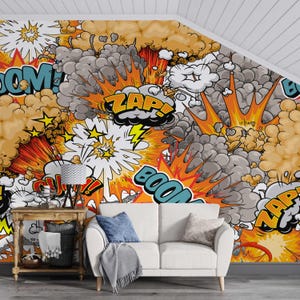 Papier peint pop art BOOM, papier peint street style, sticker mural bande dessinée pour chambre d'enfant ou de jeu, design d'art mural unique et audacieux