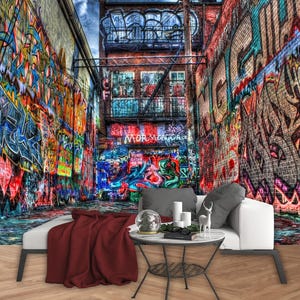 Carta da parati con graffiti colorati di street art, murale urbano 3D, carta da parati rimovibile staccabile e attaccabile per la camera dei ragazzi o l'arredamento dello studio, decorazione da parete