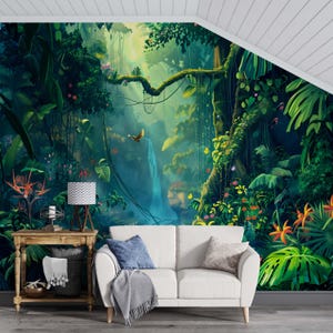 Colorful Enchanted Forest Wall Mural,Whimsical Animals & Birds, Lush Trees and Leaves, Unique Nature Wallpaper for Kids Room or Living Room