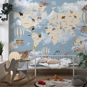 Wandtattoo, Weltkarte Wandtattoo, Kinderzimmer Karte, Kinderzimmer Karte, Aufkleber, Heißluftballon Tiere, Wandabdeckung, Wandbespannung