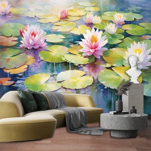 Décalcomanie murale fleur de lotus rose - Papier peint mural élégant nénuphar avec feuilles vertes - Papier peint floral moderne amovible
