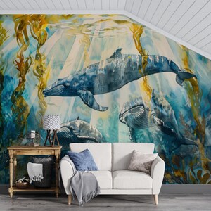 Watercolor Dolphin Wall Mural, Colorful Ocean Animal Wall Art, Kids Room & Modern Living Room Wallpaper, Removable Sea Life Wall Decal