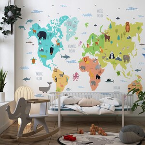 Child World Map Wallpaper, Peel and Stick, Map Wall Mural, Little Animals Wallpaper, Kids Room and Nursery Decal Art, Wall Covering