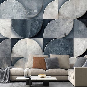 Geometric removable vinyl mural, Geometric shape wallpaper, Circle pattern wallpaper, Gray and white Mural print, Abstract Art Wall Mural
