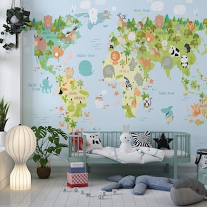 Murale con mappa, carta da parati educativa, carta da parati con mappa per cameretta dei bambini, carta da parati con animali staccabile e attaccabile, murale con mappa del mondo continentale, adesivo con mappa del mondo