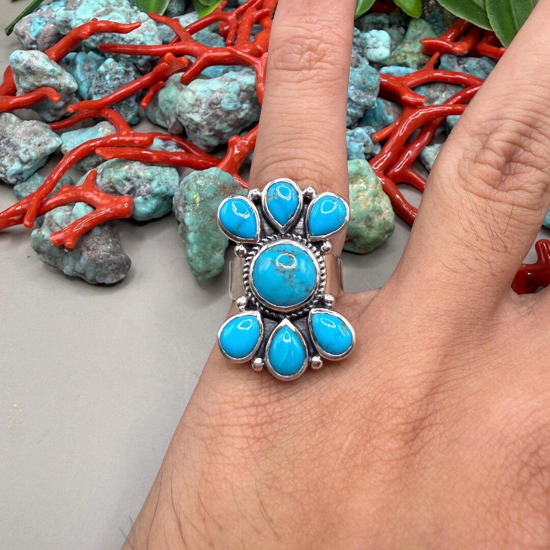Native American Turquoise Cluster 925 Sterling Silver Statement Ring - Etsy