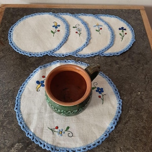 Hand Embroidered Linen Coaster Set: Hungarian Folk Art Table Decor