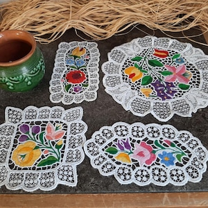 Vintage Kalocsa Richelieu embroidered doily set for folk art collectors Hungarian vintage lace Kalocsa doily traditional home decor