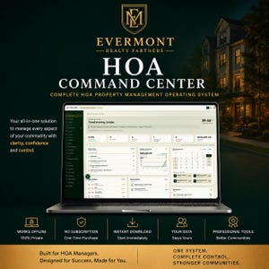 Könnte beinhalten: Ein Laptop mit der Benutzeroberfläche der Evermont Realty Partners HOA Command Center Software. Der Bildschirm zeigt ein Dashboard mit Finanzdaten, Kalendern und Aufgabenlisten. Der Text umfasst HOA Command Center, Complete HOA Property Management Operating System sowie Funktionen wie Works Offline und Instant Download.
