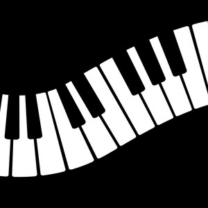 May include: A graphic illustration of a piano keyboard arranged in a flowing, wave-like curve. The design features alternating black and white rectangular keys set against a solid black background, creating a rhythmic and continuous visual pattern.