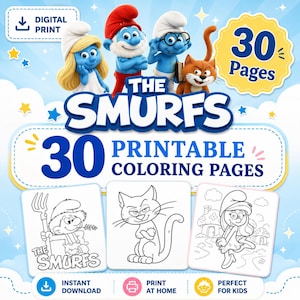 Könnte beinhalten: Ein digitaler Druck mit den Schlümpfen und dem Text "30 Ausmalbilder zum Ausdrucken". Das Bild enthält Illustrationen von Schlümpfen und einer Katze, mit den Worten "Sofort-Download" und "Perfekt für Kinder".