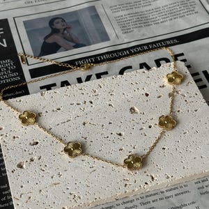 Gold Van Cleef necklace, stainless steel & 18k gold plated, Clover neacklace, 5 Five Leaf, Gold Clover necklace, tarnish free, Showersafe.