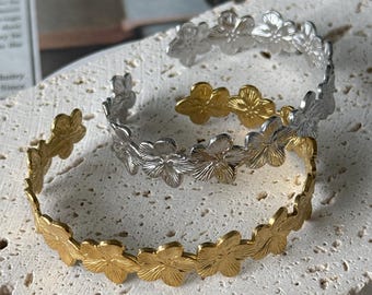 18k Gold Plated Flower Bangle: Chunky Stainless Steel Floral Bracelet