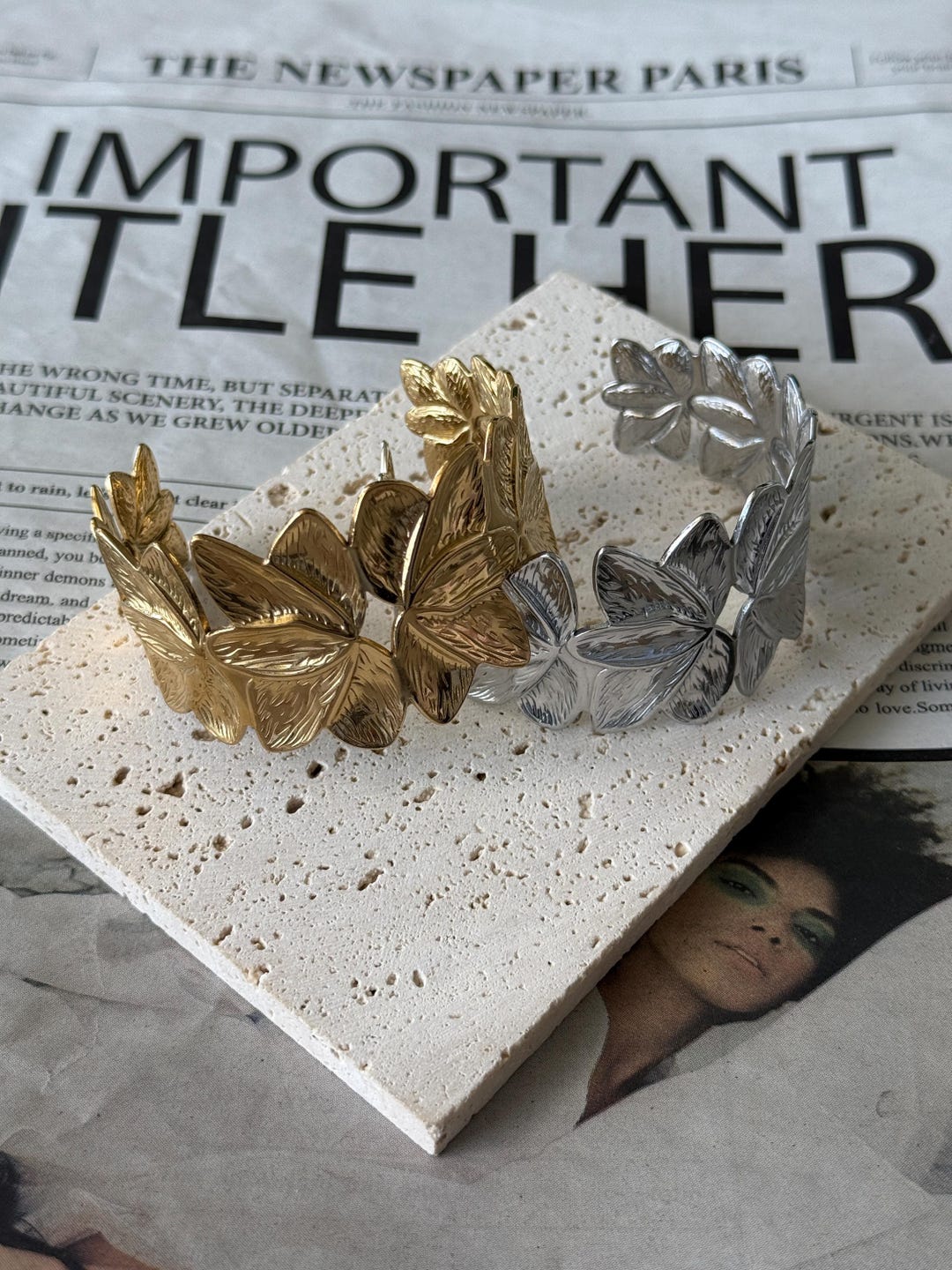 18K Gold Plated Flower Bangle: Stainless Steel Adjustable Bracelet