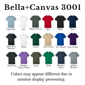 Pu&ograve; includere: Un'esposizione di t-shirt Bella+Canvas 3001 in vari colori, tra cui azzurro, rosso e blu navy. L'immagine mostra una gamma di tonalit&agrave;, dal grigio scuro m&eacute;lange al crema chiaro, con i nomi dei colori elencati sotto ogni maglietta. Il testo in basso indica che i colori possono variare.