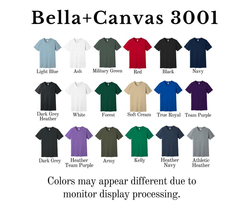 Pu&ograve; includere: Un'esposizione di t-shirt Bella+Canvas 3001 in vari colori, tra cui azzurro, rosso e blu navy. L'immagine mostra una gamma di tonalit&agrave;, dal grigio scuro m&eacute;lange al crema chiaro, con i nomi dei colori elencati sotto ogni maglietta. Il testo in basso indica che i colori possono variare.