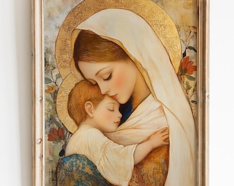 Mother Mary And Baby Jesus Printable Wall Art for Home Decor, Mother Mary And Jesus Painting for Living Room, Blessed Virgin Wall Decor 150