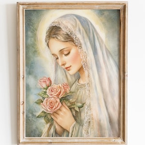 Virgin Mary Watercolor Wall Art for Living Room Our Lady Virgin Mary Painting Mother of God Printable for Home Decor Catholic Art Print #126