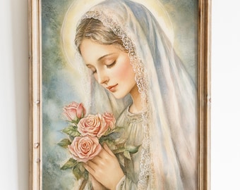 Virgin Mary Watercolor Art Print, Mother of God Catholic Home Decor (Digital Download)