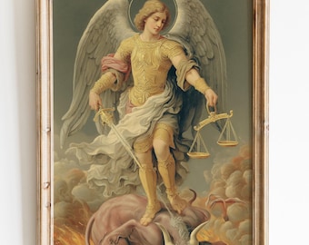 May include: Framed vintage print of an angel with large wings, holding a sword and scales. The angel is depicted in gold and white robes, standing over a defeated figure. The artwork is set against a cloudy background.