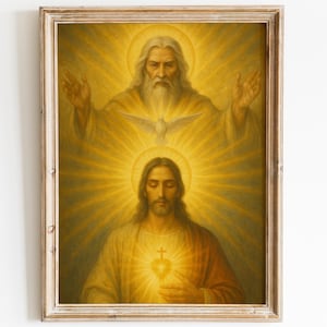 May include: A framed religious painting featuring two figures with golden halos. The upper figure, with a long white beard, has raised arms. Below, a second figure holds a glowing heart. The artwork is in a distressed, light-brown wooden frame.