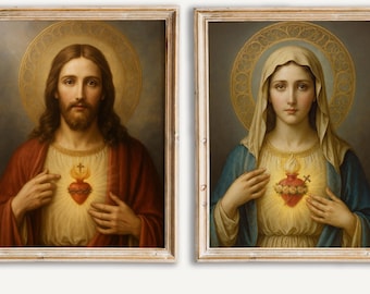 Sacred Hearts of Jesus and Mary Set of 2 Prints | Catholic Home Decor Art